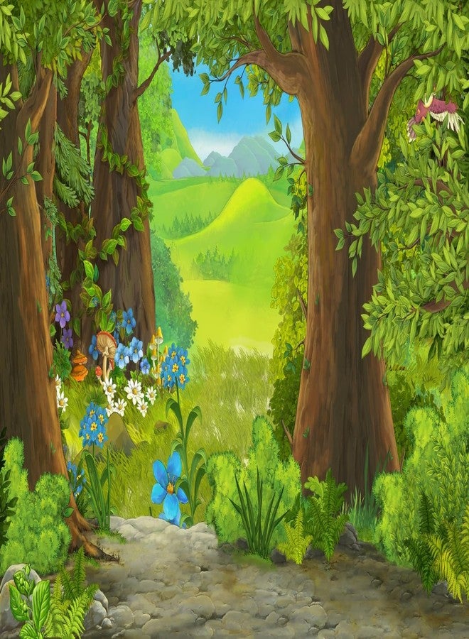 CORFOTO 7x5ft Cartoon Summer Forest Scene Backdrop Green Forest Floral Photography Background Nature Landscape Backdrop Kids Forest Theme Party Decor Cake Table Banner Prop - Image 5