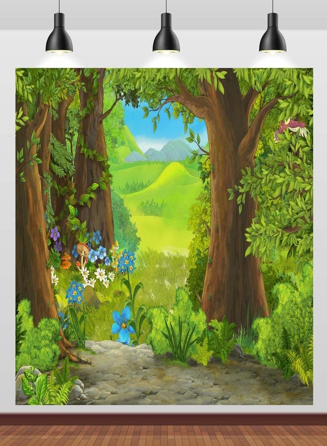 CORFOTO 7x5ft Cartoon Summer Forest Scene Backdrop Green Forest Floral Photography Background Nature Landscape Backdrop Kids Forest Theme Party Decor Cake Table Banner Prop - Image 1