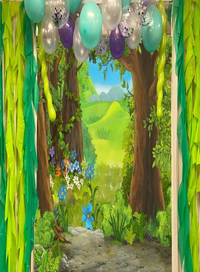 CORFOTO 7x5ft Cartoon Summer Forest Scene Backdrop Green Forest Floral Photography Background Nature Landscape Backdrop Kids Forest Theme Party Decor Cake Table Banner Prop - Image 3