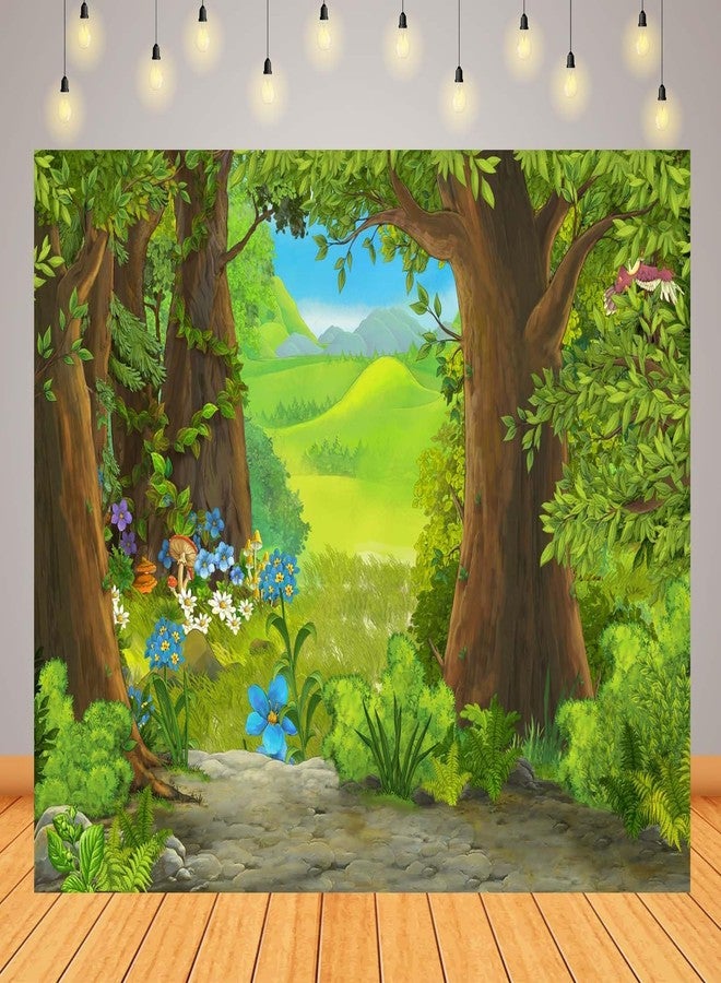CORFOTO 7x5ft Cartoon Summer Forest Scene Backdrop Green Forest Floral Photography Background Nature Landscape Backdrop Kids Forest Theme Party Decor Cake Table Banner Prop - Image 2