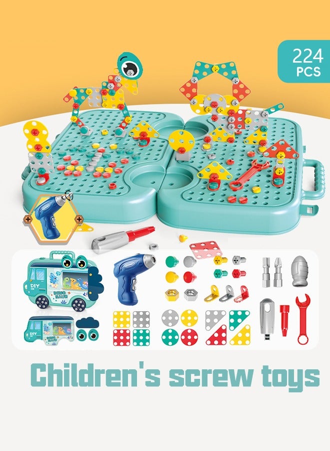 244-Pieces Electric Screwdriver Diy Building Toys For Boys And Girls, 2d/3d Creativity Playset Tool Toys,Piece Kids Repair Tool Box,Educational Toys Building Blocks, With Toy Drill And Screwdriver Tool Set(Blue） - Image 1