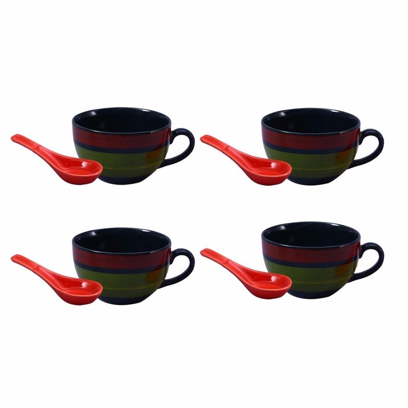Caffeine Ceramic Handmade Green Chandrakari Single Handled Soup Bowl with Spoon Set of 4