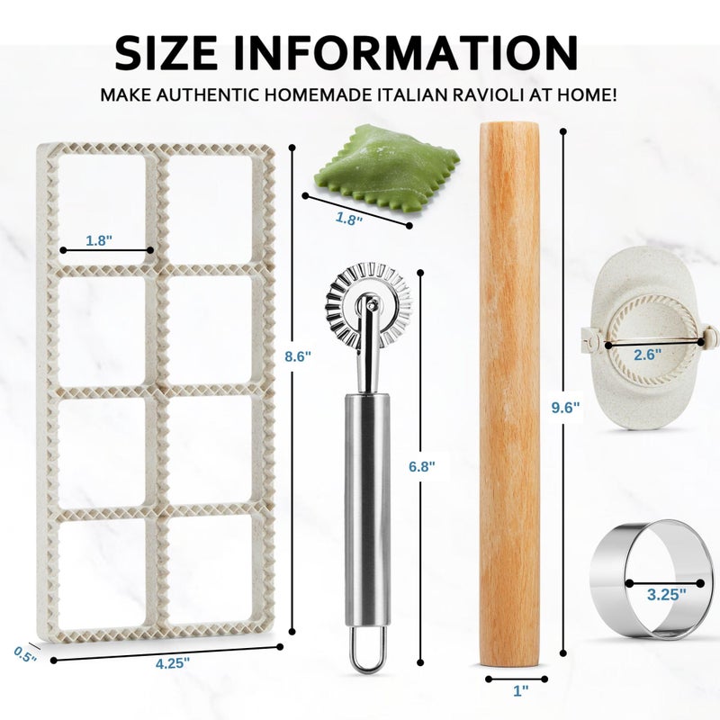 MUMSUNG Ravioli Maker Press, Ravioli Press Mold Set - Round, Heart, Square Ravioli Stamp Maker Cutter with Wood Rolling Pin, 2.6" Empanada Maker Press Kit and Ravioli Wheel 3 PCS - Image 3