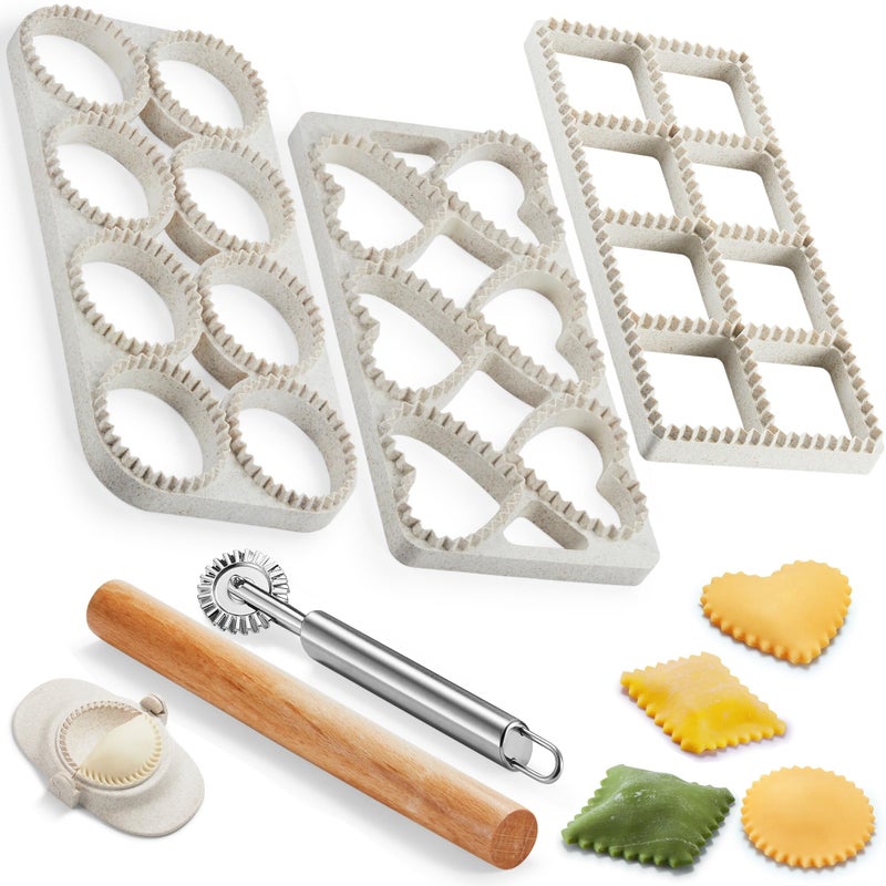MUMSUNG Ravioli Maker Press, Ravioli Press Mold Set - Round, Heart, Square Ravioli Stamp Maker Cutter with Wood Rolling Pin, 2.6" Empanada Maker Press Kit and Ravioli Wheel 3 PCS - Image 1