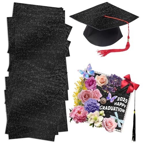Qumenan 24 Sheets Graduation Cap Decorations Black Glitter Cardstock Blank Graduation Cap Topper Shimmer Grad Toppers for Cap 9x9 Inches 250 GSM for DIY Grad Cap - Image 1