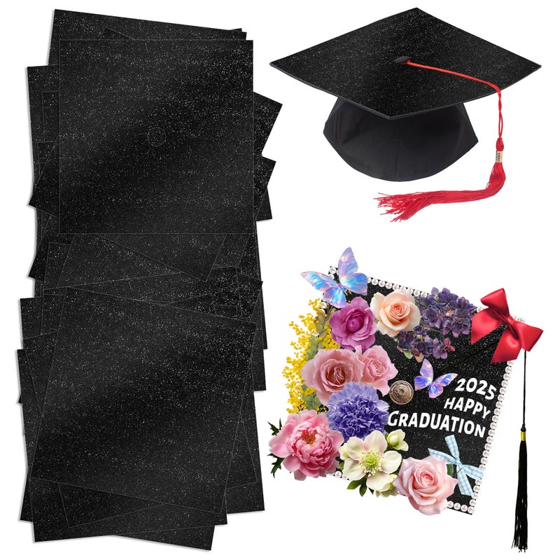 Qumenan 24 Sheets Graduation Cap Decorations Black Glitter Cardstock Blank Graduation Cap Topper Shimmer Grad Toppers for Cap 9x9 Inches 250 GSM for DIY Grad Cap - Image 3