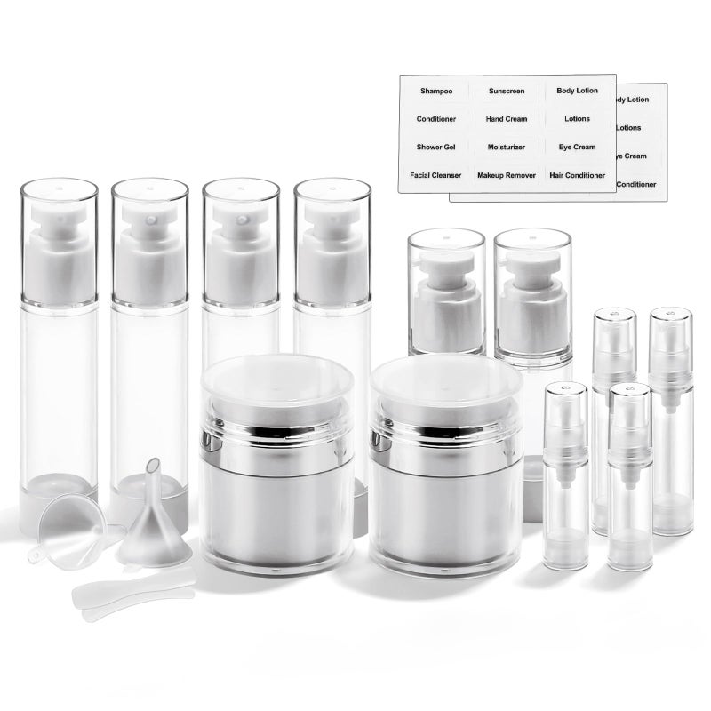 Bubimon 18 Pack Bubimon Airless Pump Jars, 1.7/1/0.7/0.34oz Cosmetic Containers, Leak Proof Refillable jar for Toiletries, Cream Lotion, Eye Cream, Liquid, Foundation, Shampoo (BPA Free) - Image 1
