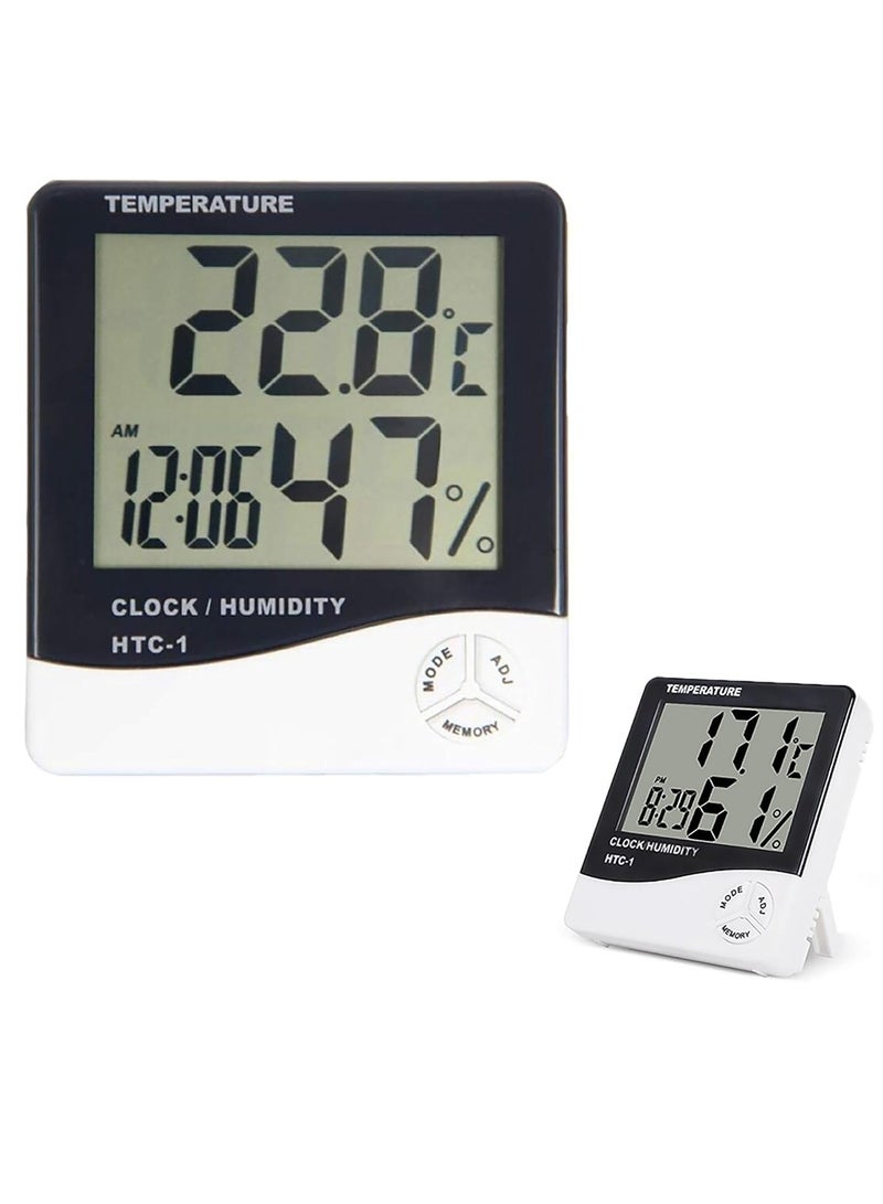 HTC-1 Digital Temperature and Humidity Meter with LCD Display and Built-in Clock, Black/White - Image 1