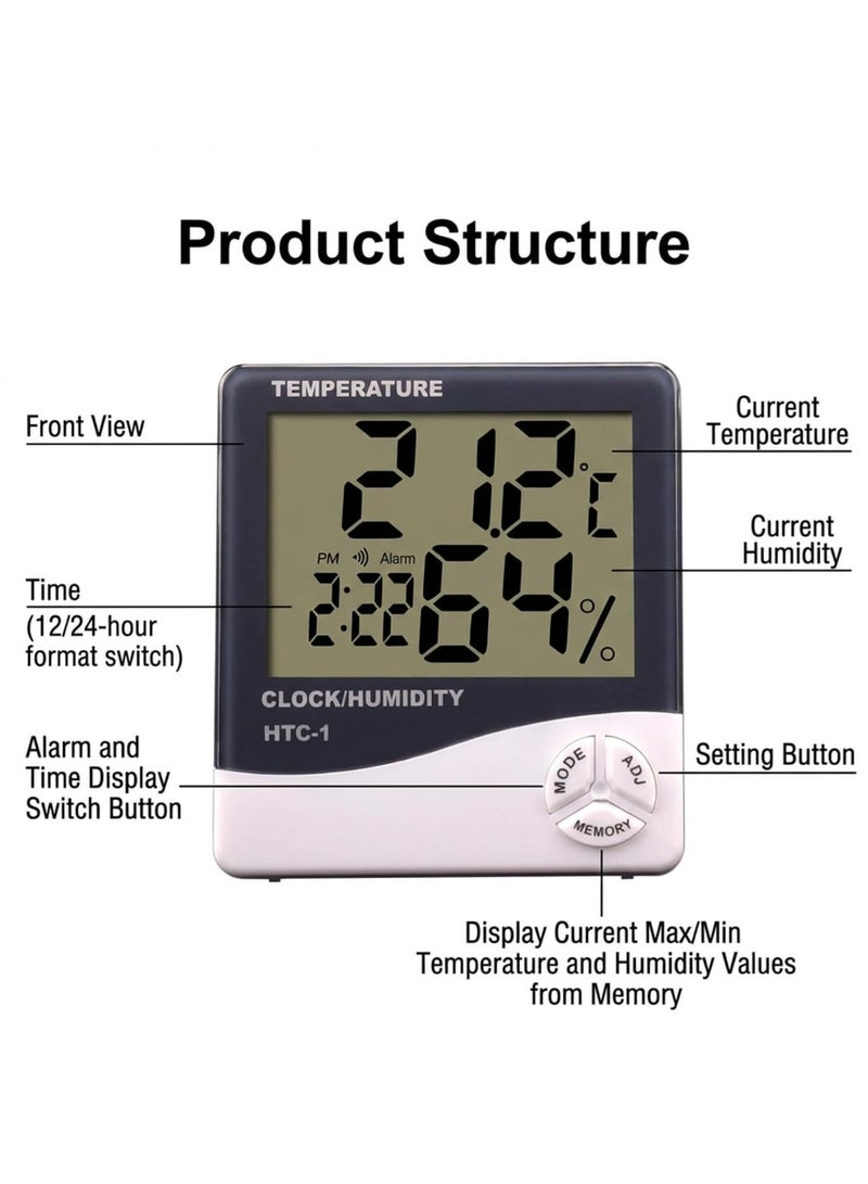 HTC-1 Digital Temperature and Humidity Meter with LCD Display and Built-in Clock, Black/White - Image 5