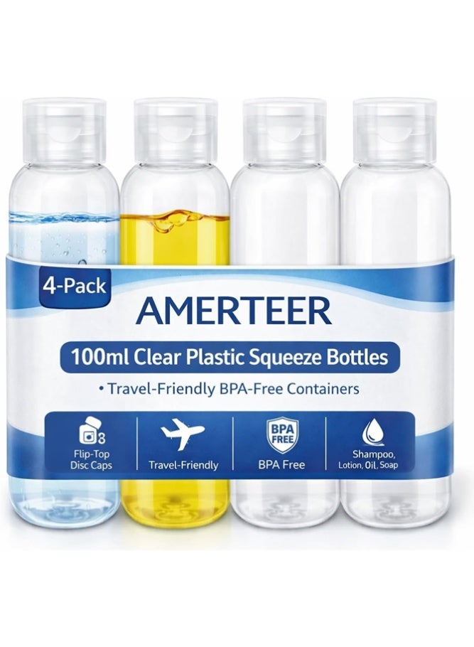 AMERTEER 4-Piece Clear Dispensing Bottle with Butterfly Cap Refillable Leakproof Travel Containers for Shampoo, Lotion, Cream and Skincare Liquids (100ml) - Image 1