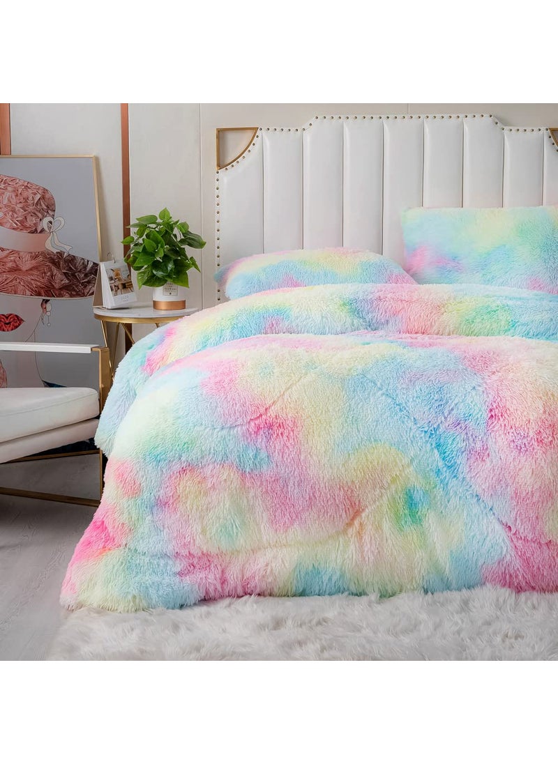 Gusuhome Gusuhome Faux Fur Comforter Set FullQueen Rainbow Pink Fluffy Fuzzy Comforter Luxury Ultra Soft Shaggy Plush Microfiber Bedding Set 3 Pieces Comforter x 1 Pillowcases x 2 