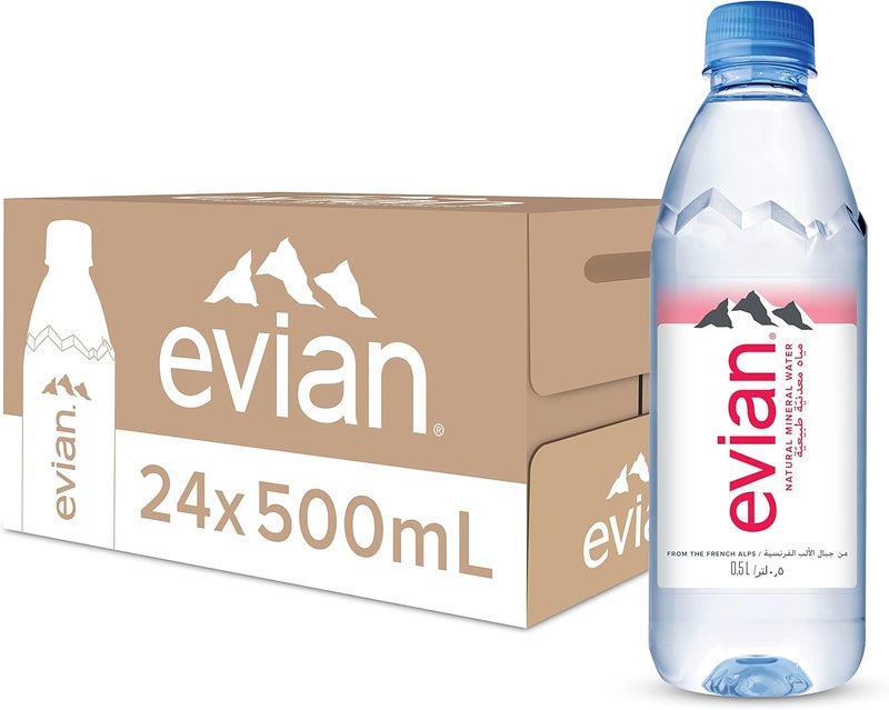 Evian مياه إيفيان المعدنية، مياه شرب مصفاة طبيعياً، زجاجة 500 مل، مياه إيفيان المعبأة، علبة من 24 × 500 مل زجاجات مياه إيفيان - Image 1