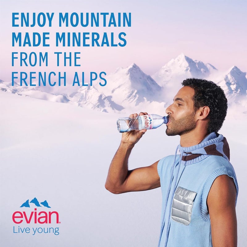 Evian مياه إيفيان المعدنية، مياه شرب مصفاة طبيعياً، زجاجة 500 مل، مياه إيفيان المعبأة، علبة من 24 × 500 مل زجاجات مياه إيفيان - Image 2