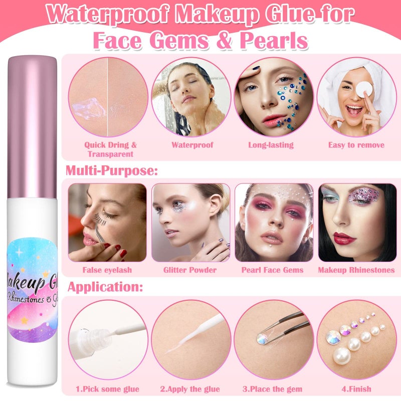 Billbotk 6645Pcs Face Rhinestones with Makeup Glue, Flatback Eye Gems Colorful Makeup Jewels with White Pearls for Face Eye Body, Nail Art, Hair, Craft Decoration - Image 4