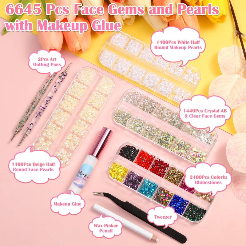 Billbotk 6645Pcs Face Rhinestones with Makeup Glue, Flatback Eye Gems Colorful Makeup Jewels with White Pearls for Face Eye Body, Nail Art, Hair, Craft Decoration - Image 3
