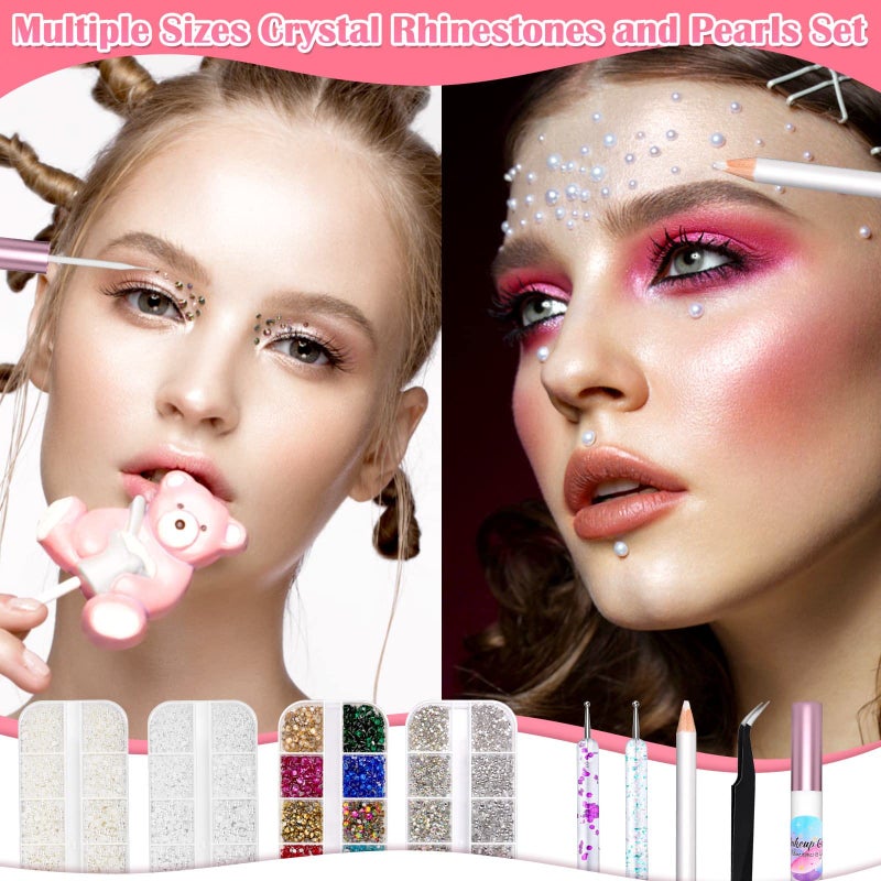Billbotk 6645Pcs Face Rhinestones with Makeup Glue, Flatback Eye Gems Colorful Makeup Jewels with White Pearls for Face Eye Body, Nail Art, Hair, Craft Decoration - Image 2