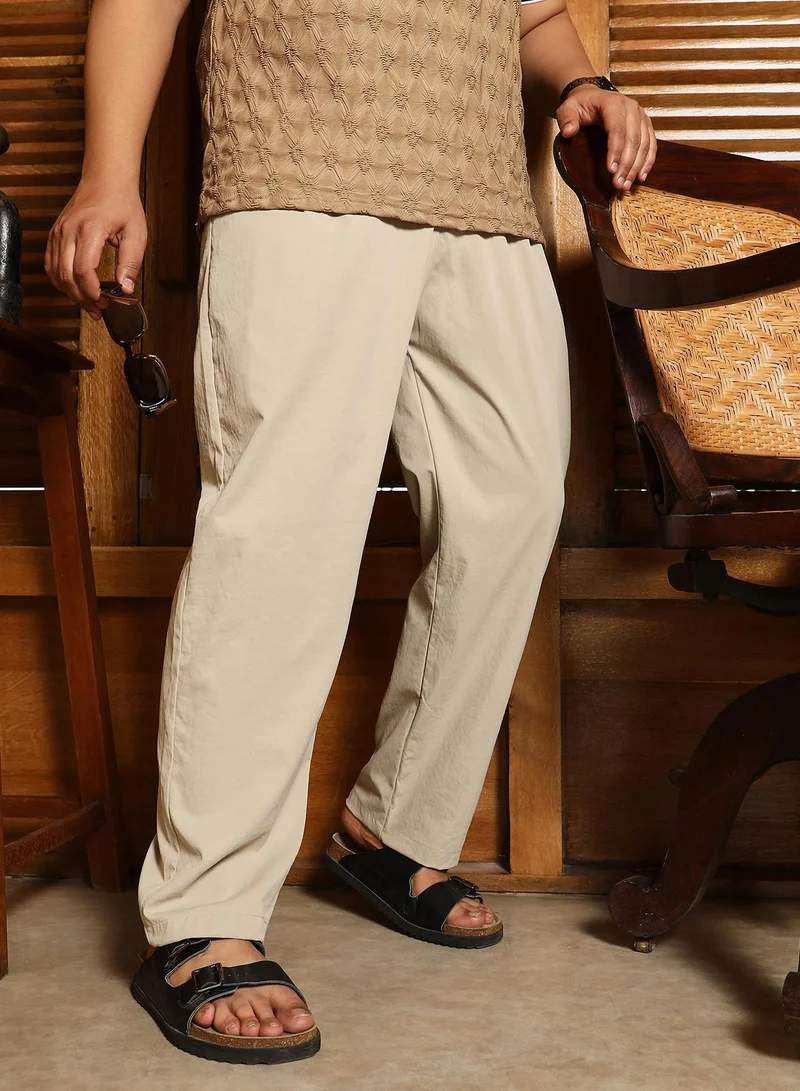 Instafab Plus Instafab Plus Men's Saltbox Beige Double-Pleated Tailored Trousers | Mid Rise , Straight Hem , Button Closure | Solid Plain Polyester Blend Material For Office & Casual Wear
