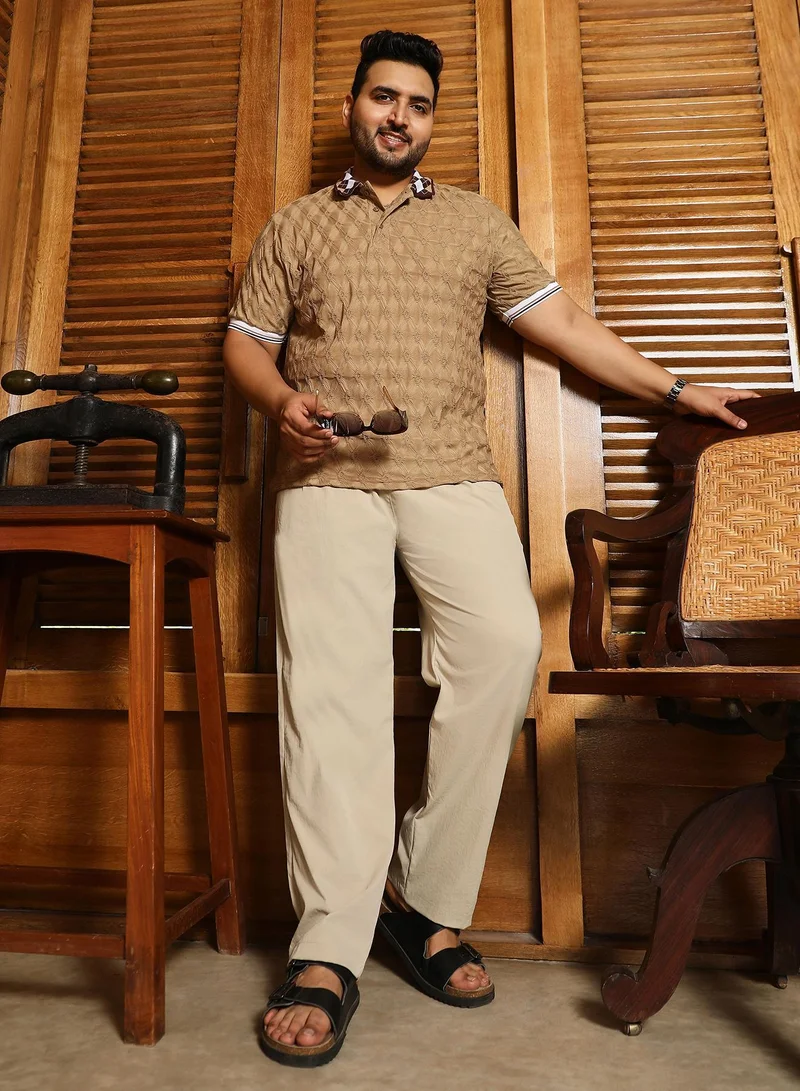 Instafab Plus  Instafab Plus Men's Saltbox Beige Double-Pleated Tailored Trousers | Mid Rise , Straight Hem , Button Closure | Solid Plain Polyester Blend Material For Office & Casual Wear for Men | Best Price UAE