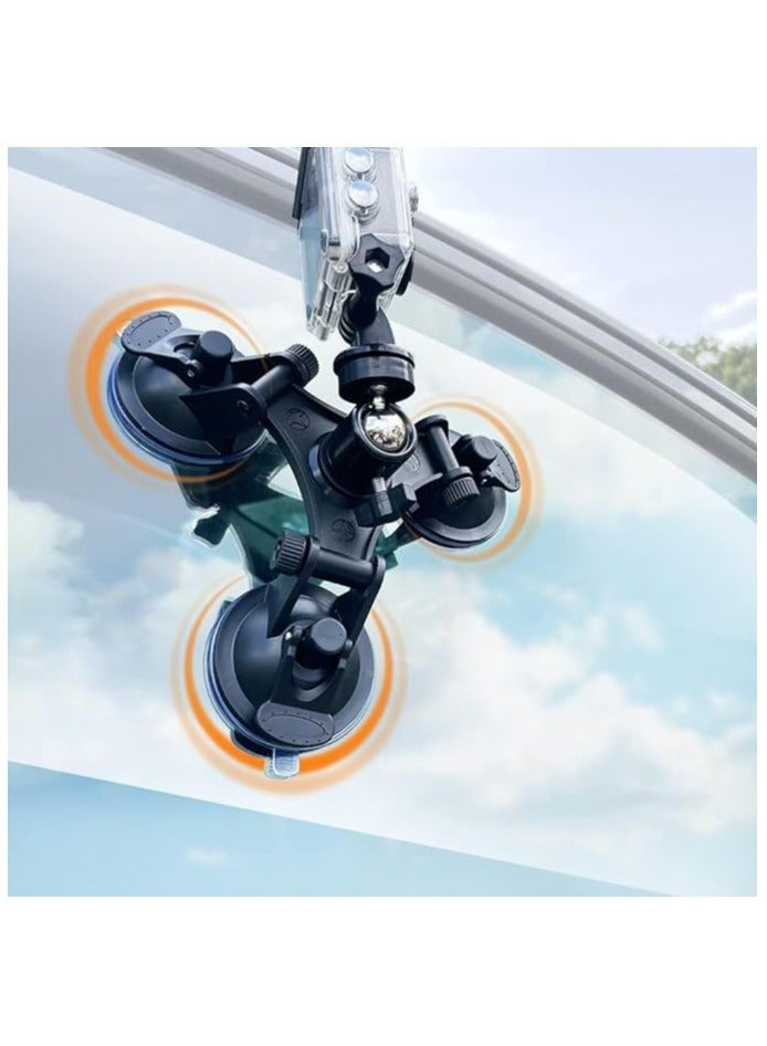 Triple Suction Cup Mount Holder, Action Camera Car Windshield Mount, with 1/4 Threaded Head 360 Degree Tripod Ball Head Mount and Screw, Compatible with Gopro, DJI OSMO Akaso - Image 1
