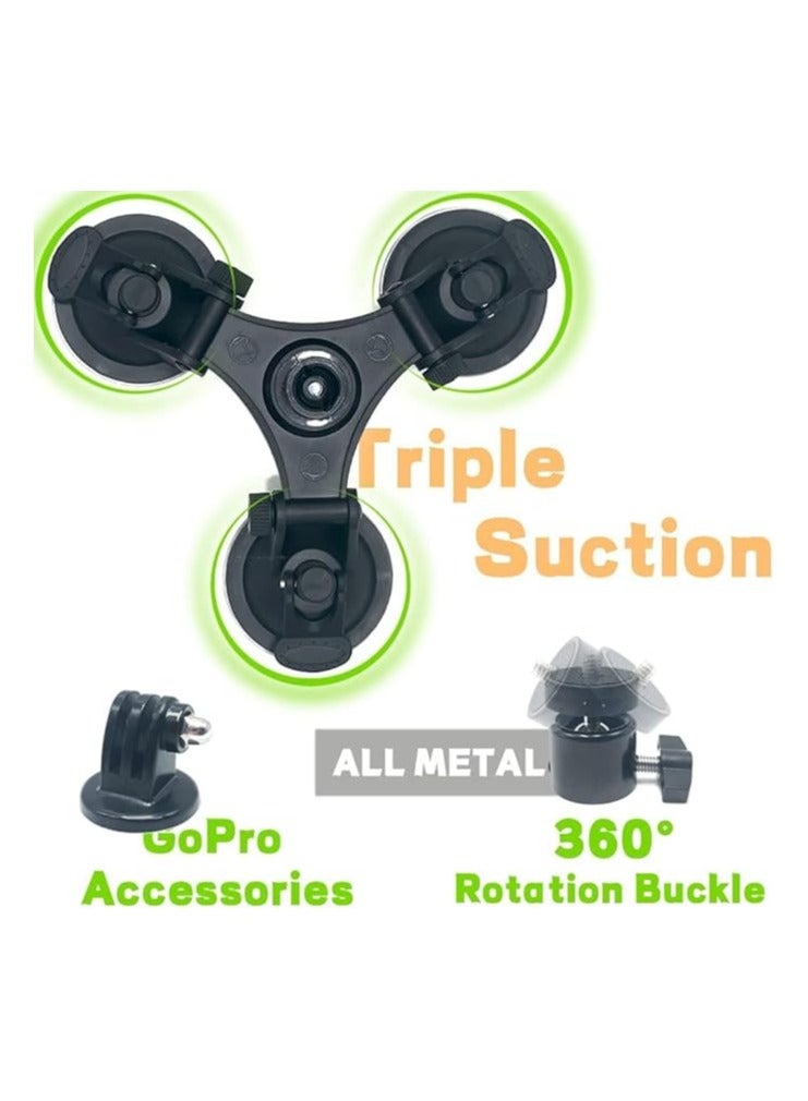 Triple Suction Cup Mount Holder, Action Camera Car Windshield Mount, with 1/4 Threaded Head 360 Degree Tripod Ball Head Mount and Screw, Compatible with Gopro, DJI OSMO Akaso - Image 3