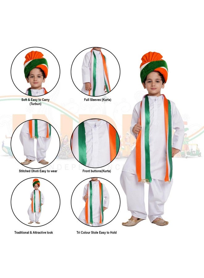 Kaku Fancy Dresses Polyester White Dhoti Kurta With Tricolor Safa & Stole For Kids, Independence Day & Republic Day Costume For Boys & Girls - White, 10-12 Years - Image 3