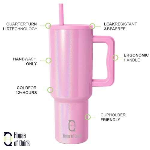 House of Quirk 1200ML Stainless Steel Tumbler with Handle & Lid, 2 Straws – Large Travel Mug Water Cup for Gym, Office & Outdoor Use (Shiny Baby Pink) - Image 3