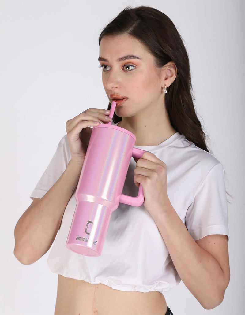 House of Quirk 1200ML Stainless Steel Tumbler with Handle & Lid, 2 Straws – Large Travel Mug Water Cup for Gym, Office & Outdoor Use (Shiny Baby Pink) - Image 2