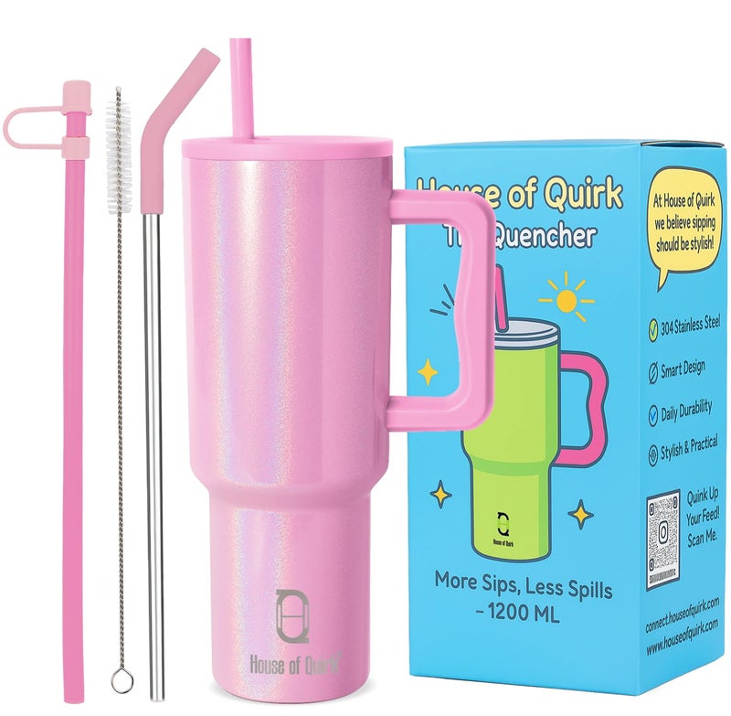 House of Quirk 1200ML Stainless Steel Tumbler with Handle & Lid, 2 Straws – Large Travel Mug Water Cup for Gym, Office & Outdoor Use (Shiny Baby Pink) - Image 1