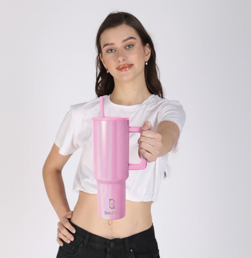 House of Quirk 1200ML Stainless Steel Tumbler with Handle & Lid, 2 Straws – Large Travel Mug Water Cup for Gym, Office & Outdoor Use (Shiny Baby Pink) - Image 5