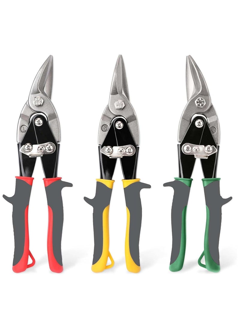 UPTODATETOOLS UPTODATETOOLS 3 pc Aviation Tin Snips Set Metal Cutter Shear for Cut Sheet Metal Chrome Vanadium Steel Straight Left and Right  - Image 1
