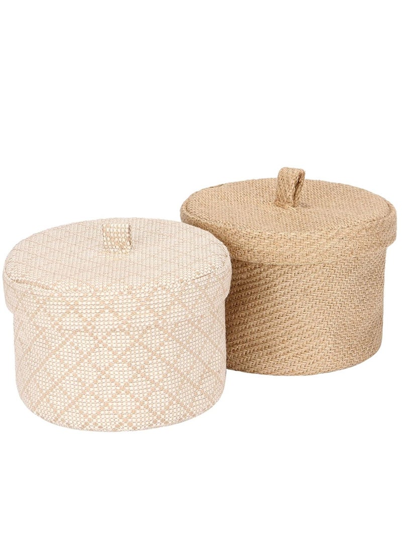 MIXDE 2 Pack Nordic Jute and Cotton Linen Home Office Storage Basket and Round Toy Organizer Box with Lid - Image 3