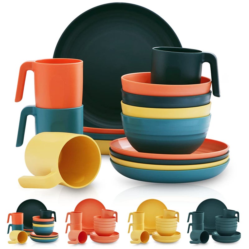 Kyraton Plastic Dinnerware Set of 16 Pieces  Unbreakable And Reusable Light Weight Plates Mugs Bowls Dishes Easy to Carry And Clean Microwave Safe BPA Free Dishwasher Safe Service For 4 (Mutil Color)