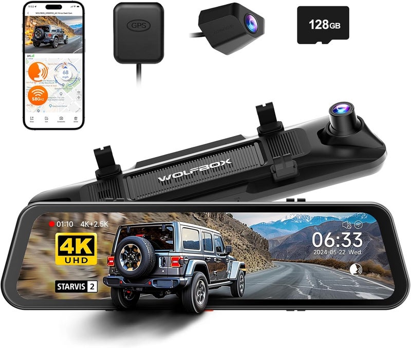 WOLFBOX G900 PRO Mirror Dash Cam with STARVIS 2 IMX678, 12-Inch Rear View Camera, Front 4K and Rear 2.5K, 128GB Card, Voice Control, 5.8GHz WiFi - Image 1