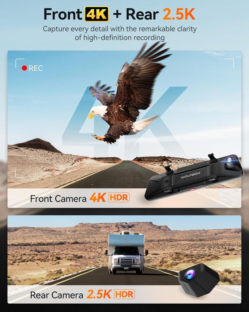 WOLFBOX G900 PRO Mirror Dash Cam with STARVIS 2 IMX678, 12-Inch Rear View Camera, Front 4K and Rear 2.5K, 128GB Card, Voice Control, 5.8GHz WiFi - Image 2