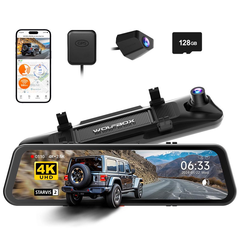 WOLFBOX كاميرا مرآة WOLFBOX G900 PRO مع STARVIS 2 IMX678، كاميرا خلفية 12 بوصة، أمامية 4K وخلفية 2.5K، بطاقة 128GB، تحكم صوتي، واي فاي 5.8GHz - Image 2