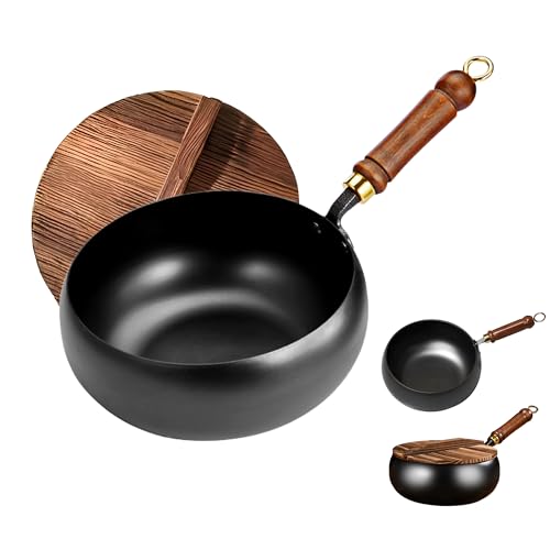 MACTANO Uncoated Iron Pan, Nonstick Wok Hand Forged Iron Pan with Lid Stir Fry Wok Skillet for Cooking - 9.44IN - Image 1