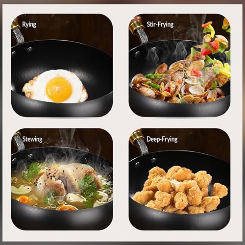 MACTANO Uncoated Iron Pan, Nonstick Wok Hand Forged Iron Pan with Lid Stir Fry Wok Skillet for Cooking - 9.44IN - Image 3