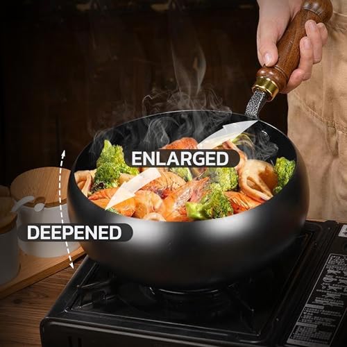 MACTANO Uncoated Iron Pan, Nonstick Wok Hand Forged Iron Pan with Lid Stir Fry Wok Skillet for Cooking - 9.44IN - Image 5