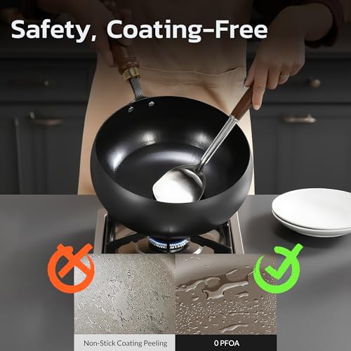 MACTANO Uncoated Iron Pan, Nonstick Wok Hand Forged Iron Pan with Lid Stir Fry Wok Skillet for Cooking - 9.44IN - Image 2
