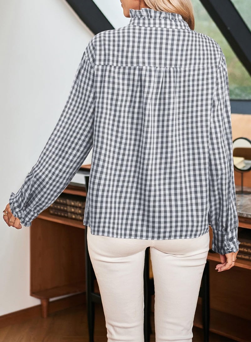 Astylish Women's Casual Ruffle V Neck Dressy Shirts 2025 Fall Button Down Tops Loose Long Sleeve Gingham Plaid Blouses Top Gray Small - Image 3