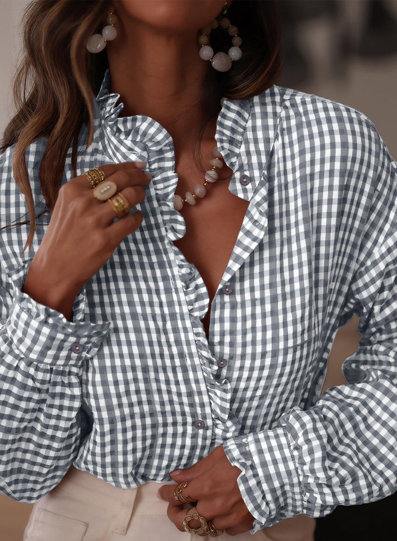 Astylish Women's Casual Ruffle V Neck Dressy Shirts 2025 Fall Button Down Tops Loose Long Sleeve Gingham Plaid Blouses Top Gray Small - Image 2
