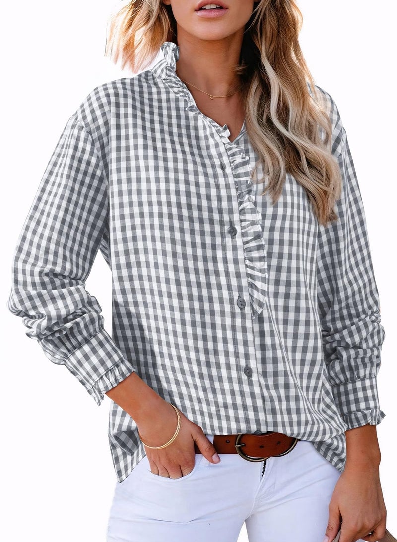 Astylish Women's Casual Ruffle V Neck Dressy Shirts 2025 Fall Button Down Tops Loose Long Sleeve Gingham Plaid Blouses Top Gray Small - Image 4