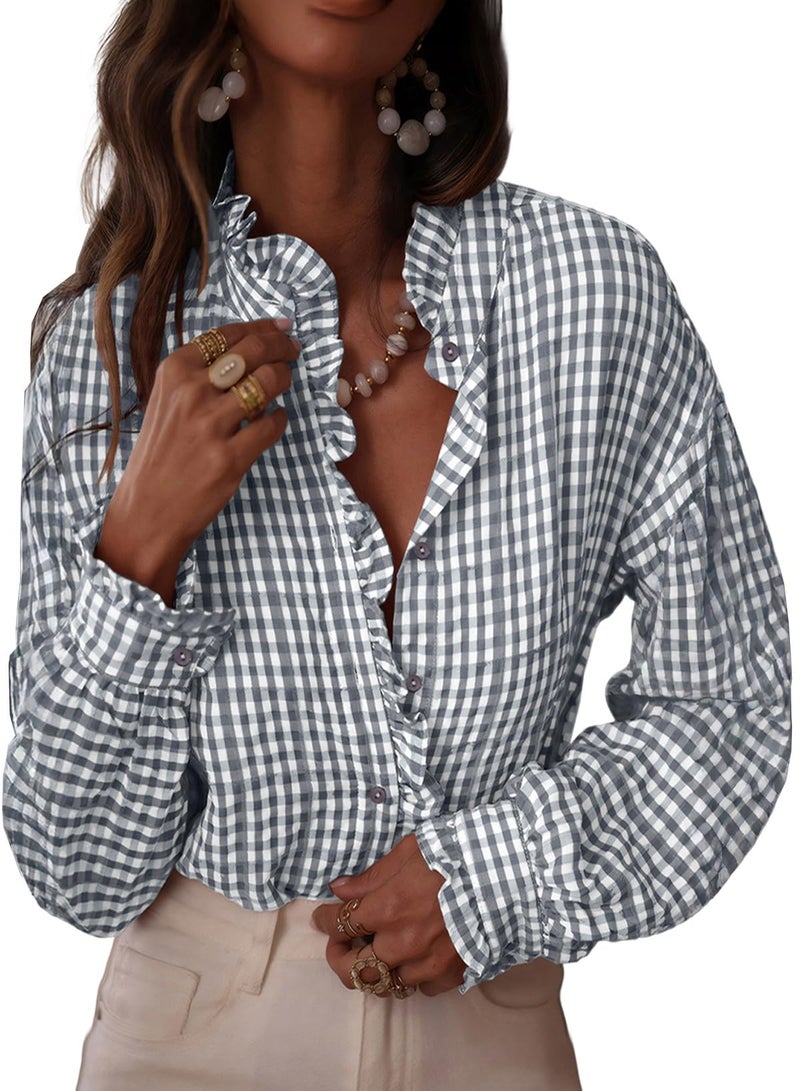 Astylish Women's Casual Ruffle V Neck Dressy Shirts 2025 Fall Button Down Tops Loose Long Sleeve Gingham Plaid Blouses Top Gray Small - Image 1