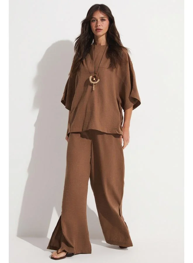 JUNE June Women Viscose Blend Necklace Loose Fit Blouse Trouser Set Brown