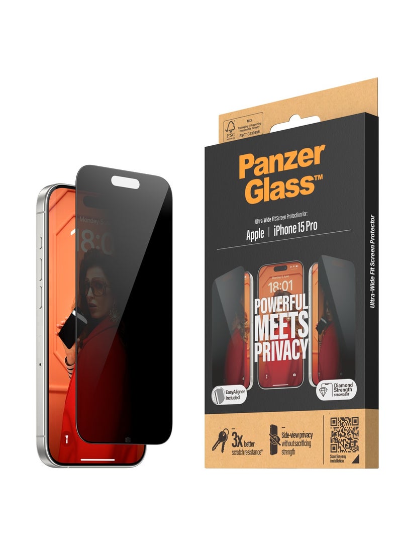 PanzerGlass - PanzerGlass™ Privacy Screen Protector for iPhone 15 Pro - Ultra-Wide Fit and scratch-resistant tempered glass iPhone screen and privacy protector - with mounting aid for easy installation - Image 1