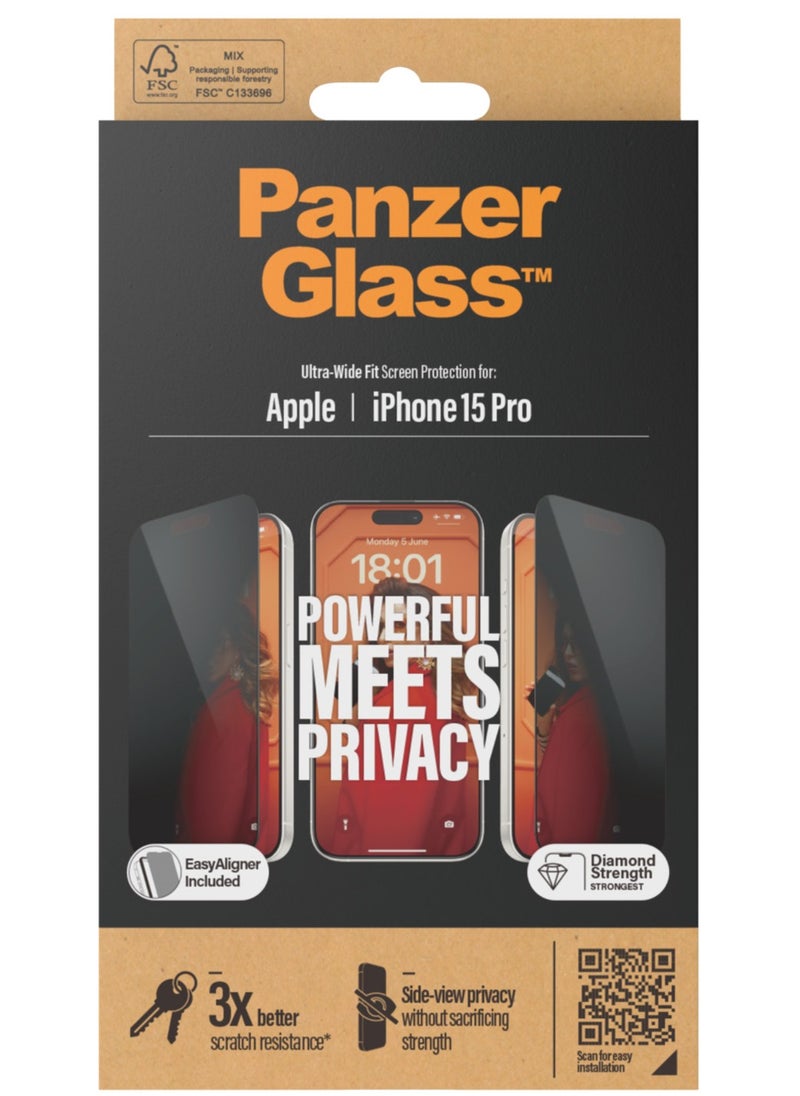 PanzerGlass - PanzerGlass™ Privacy Screen Protector for iPhone 15 Pro - Ultra-Wide Fit and scratch-resistant tempered glass iPhone screen and privacy protector - with mounting aid for easy installation - Image 1