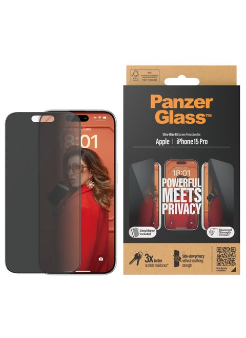 PanzerGlass™ Privacy Screen Protector for iPhone 15 Pro - Ultra-Wide Fit and scratch-resistant tempered glass iPhone screen and privacy protector - with mounting aid for easy installation