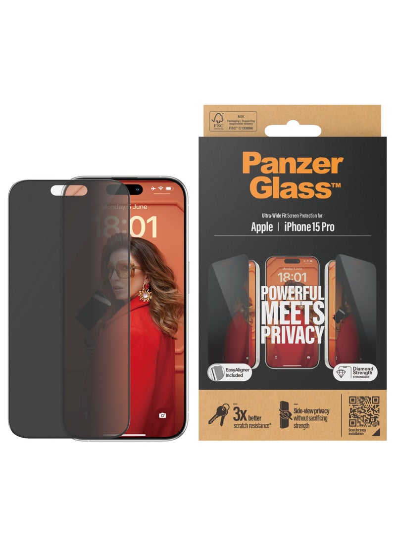 PanzerGlass - PanzerGlass™ Privacy Screen Protector for iPhone 15 Pro - Ultra-Wide Fit and scratch-resistant tempered glass iPhone screen and privacy protector - with mounting aid for easy installation - Image 1