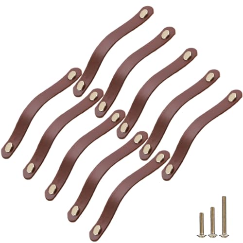 ESreake 10 Pack Soft Genuine Leather Drawer Pulls Handle 67 x 1Wardrobe Kitchen Closet Knobs Door Cabinets Pulls Handles with ScrewsHome Decoration Handmade 67 Total Length 10 Pack - Image 1
