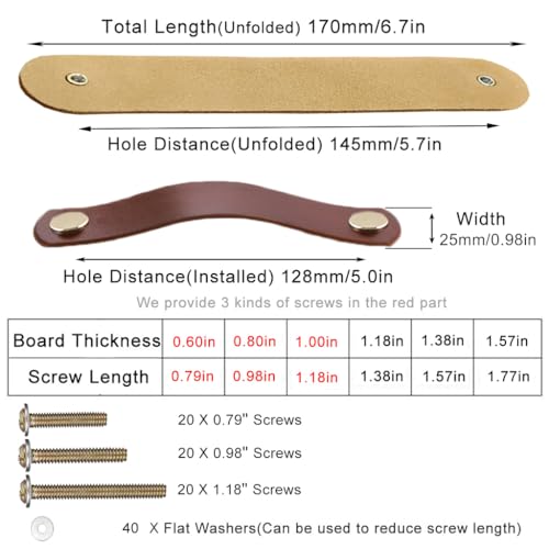 ESreake 10 Pack Soft Genuine Leather Drawer Pulls Handle 67 x 1Wardrobe Kitchen Closet Knobs Door Cabinets Pulls Handles with ScrewsHome Decoration Handmade 67 Total Length 10 Pack - Image 3